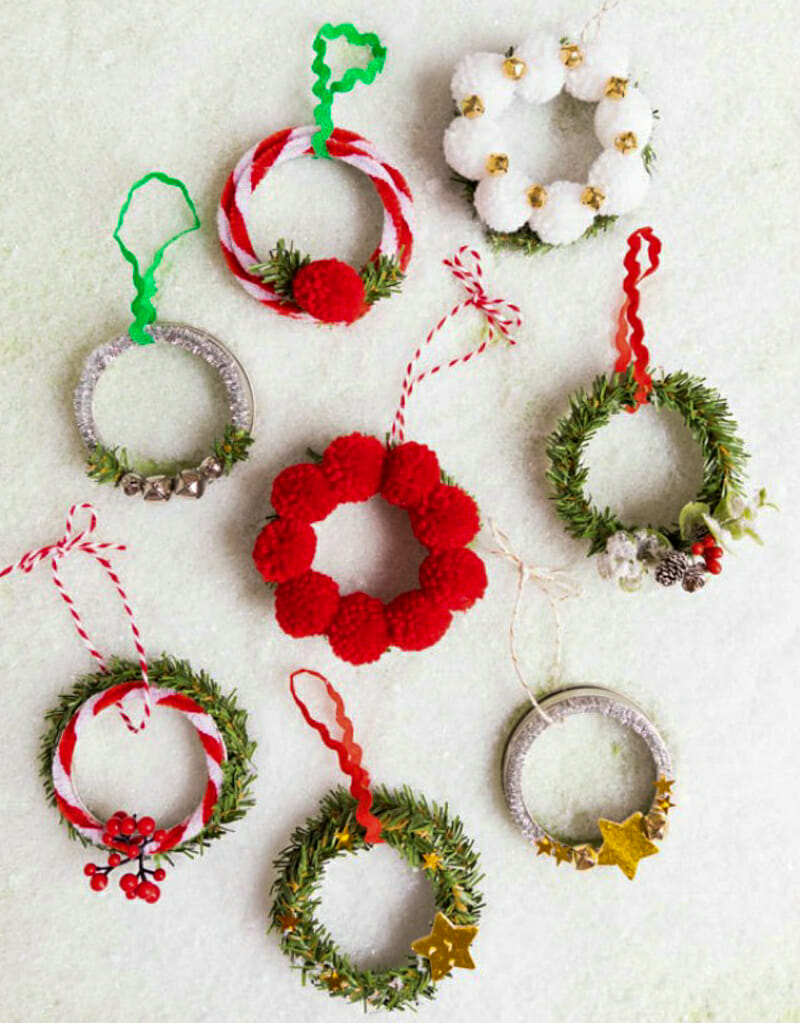 Wreath ornaments made from mason jar rings.