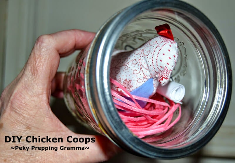 A little fabric chicken and coop accessoires inside a mason jar.