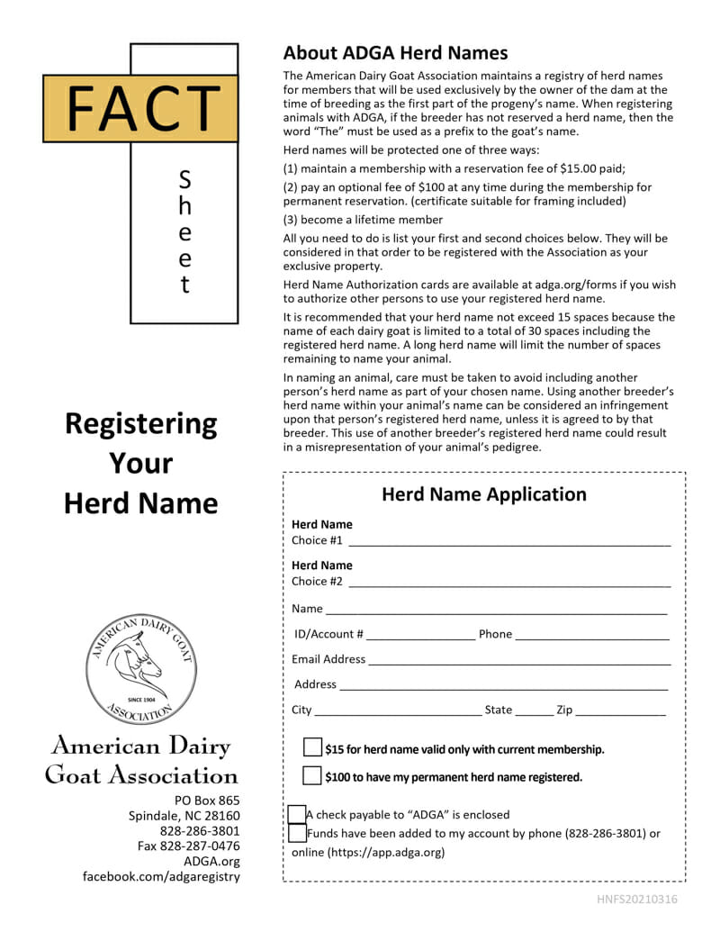 The ADGA Herd Names fact sheet and application.