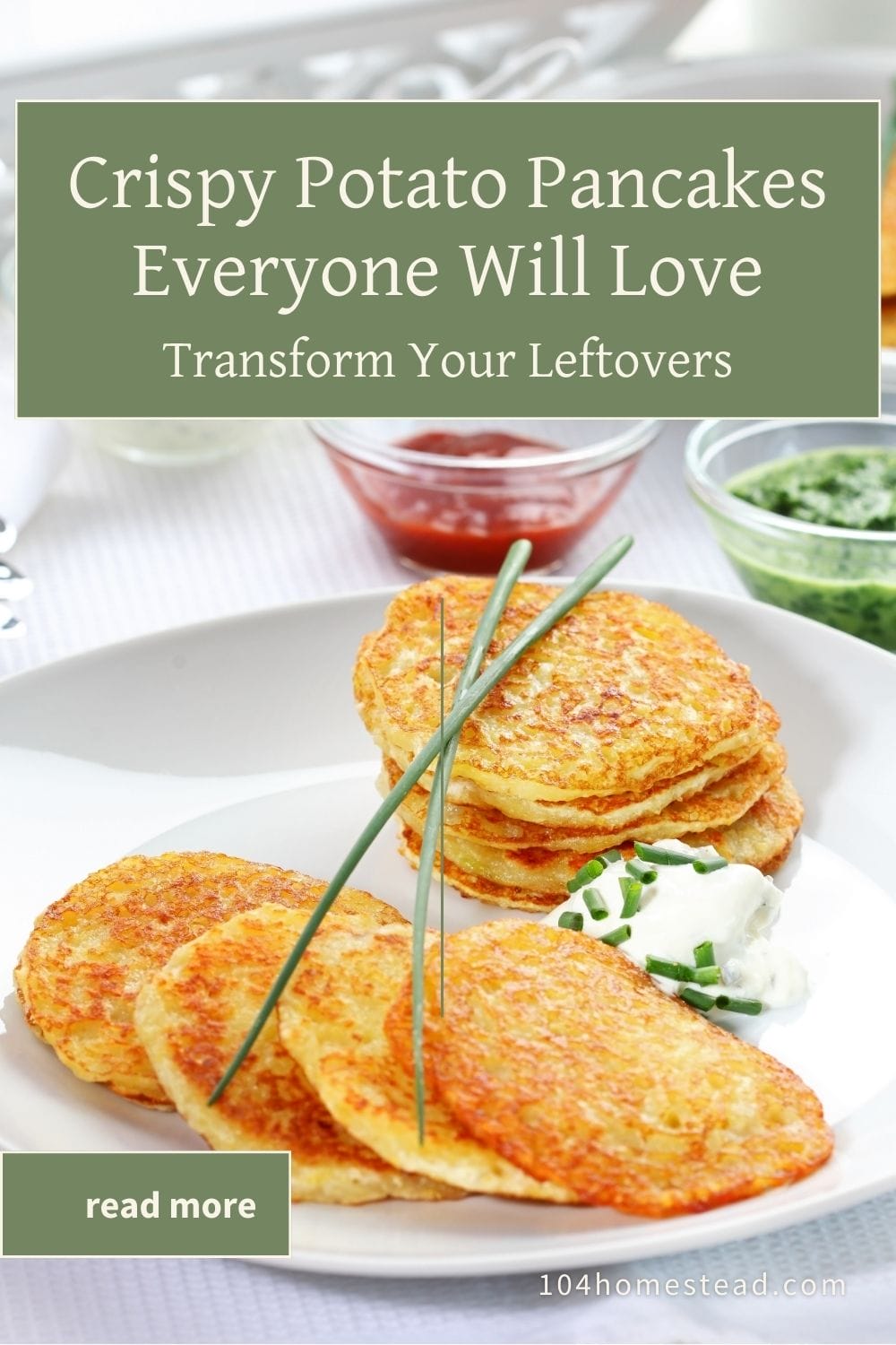 A plate of crispy potato pancakes served with fresh chives and dipping sauces.