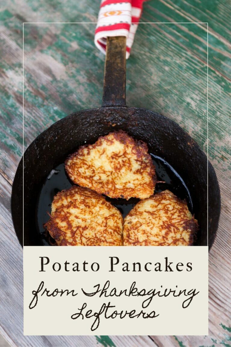 A pinterest-friendly graphic of my homemade potato pancake recipe using leftover mashed potatoes.