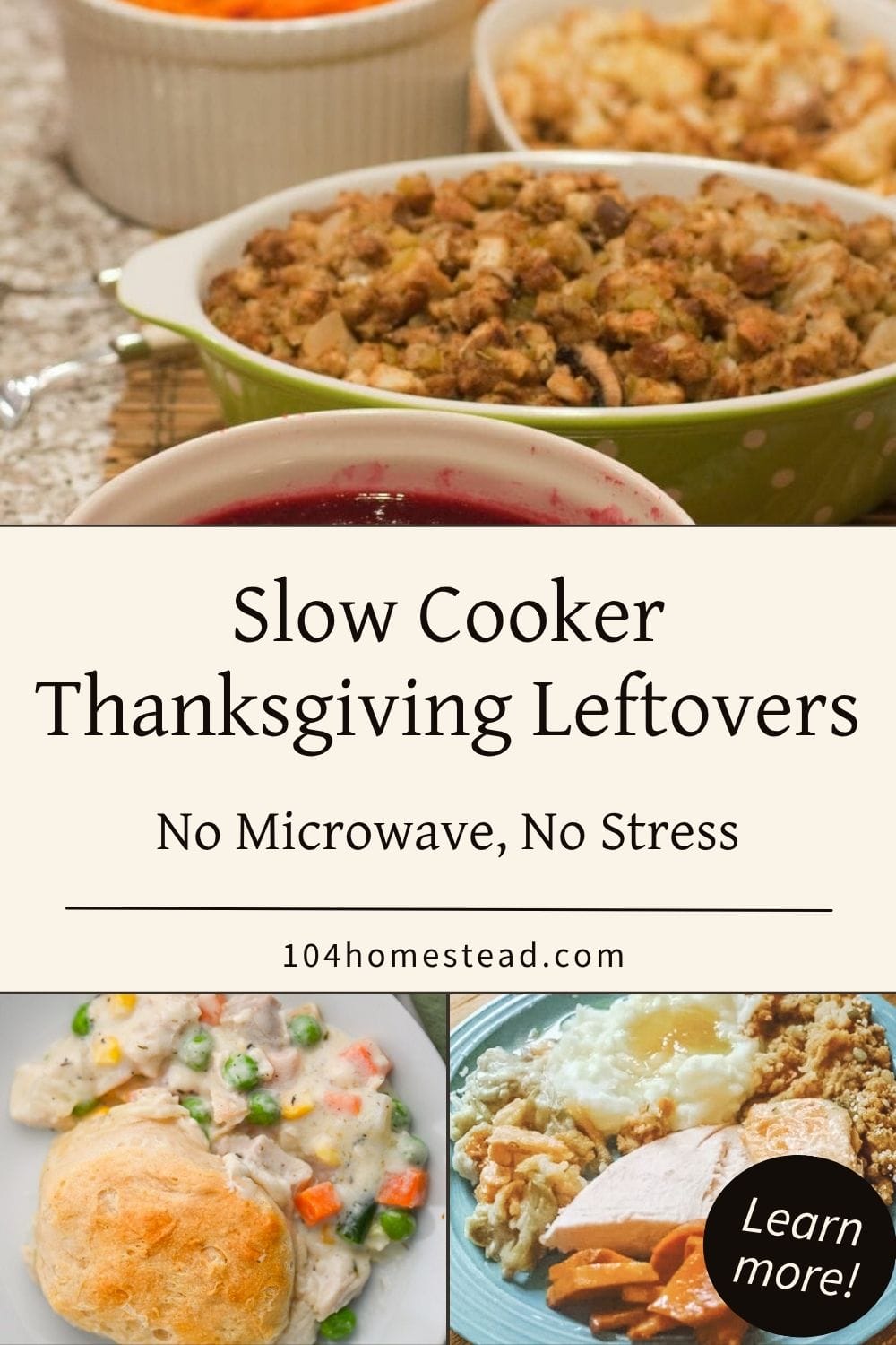A spread of Thanksgiving side dishes in colorful casserole dishes, including stuffing, cranberry sauce, and mashed potatoes, set out on a kitchen counter ready to be reheated in the slow cooker.