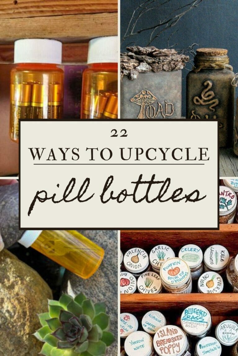 A collage image of upcycle pill bottle craft ideas for pinning.
