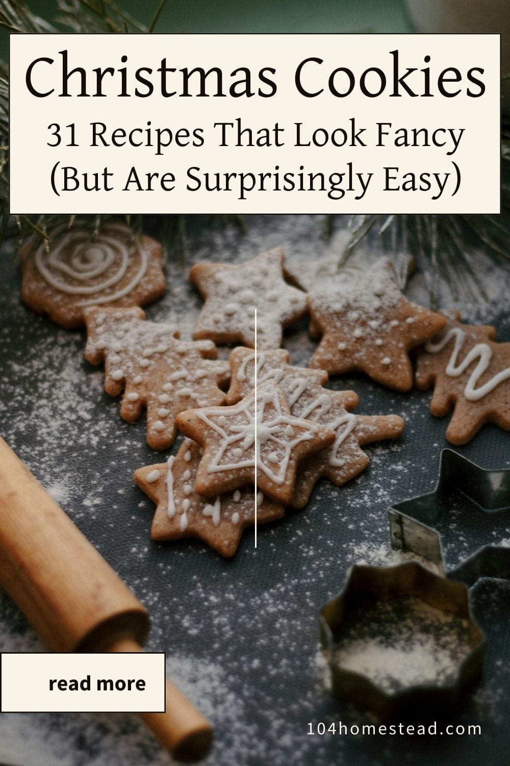 Iced gingerbread cookies shaped like stars and Christmas trees on a floured baking surface, with a rolling pin and cookie cutters nearby.