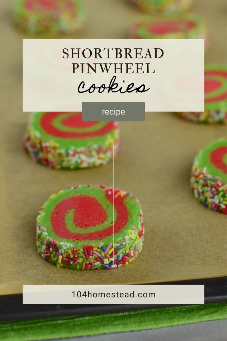 A pinterest-friendly graphic for my shortbread pinwheel cookie recipe.