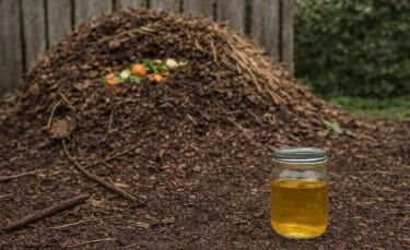 A backyard compost pile with a smaller mason jar of urine placed in front, surrounded by earthy soil, straw, and a wooden fence in the background.