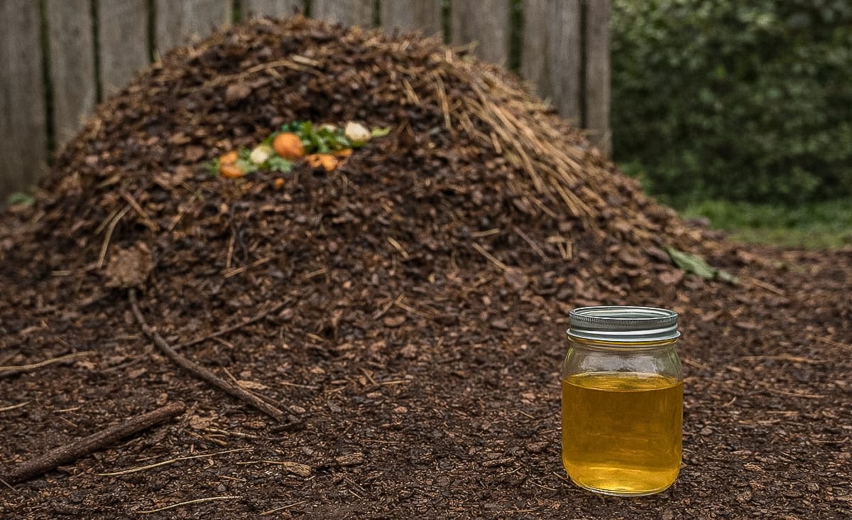 A backyard compost pile with a smaller mason jar of urine placed in front, surrounded by earthy soil, straw, and a wooden fence in the background.