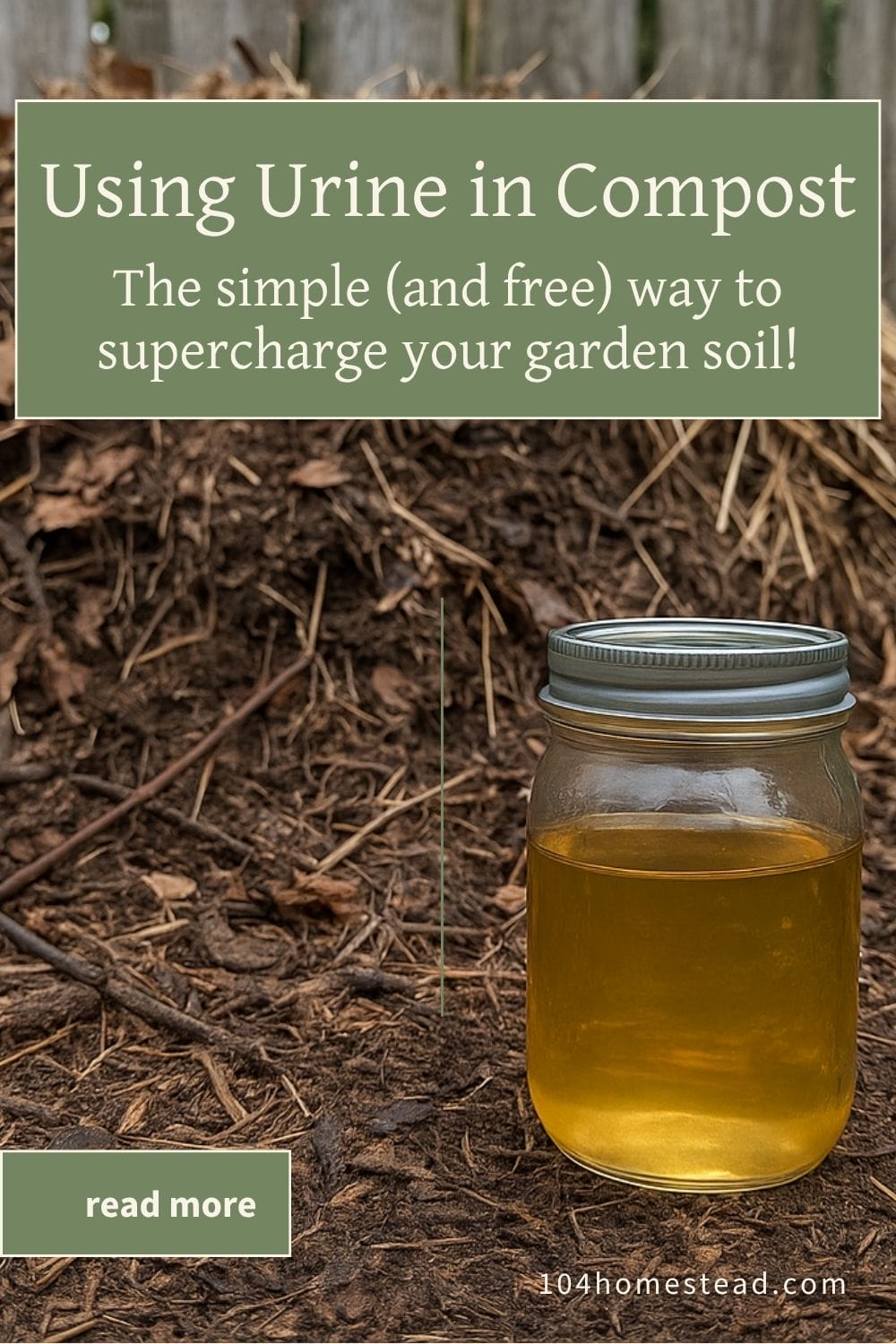 A close-up of a mason jar filled with yellow urine sitting in front of a rustic compost pile made of leaves and straw, captured outdoors in natural light on a homestead.