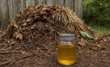 A backyard compost pile with a smaller mason jar of urine placed in front, surrounded by earthy soil, straw, and a wooden fence in the background.