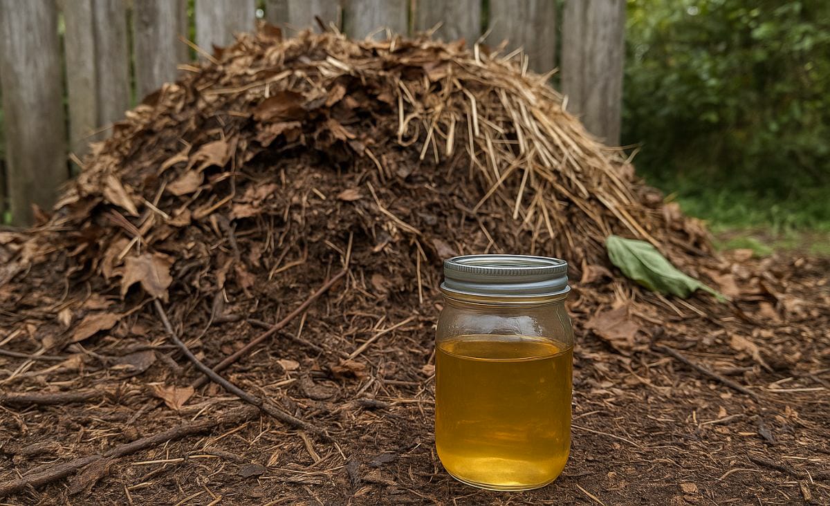 A backyard compost pile with a smaller mason jar of urine placed in front, surrounded by earthy soil, straw, and a wooden fence in the background.