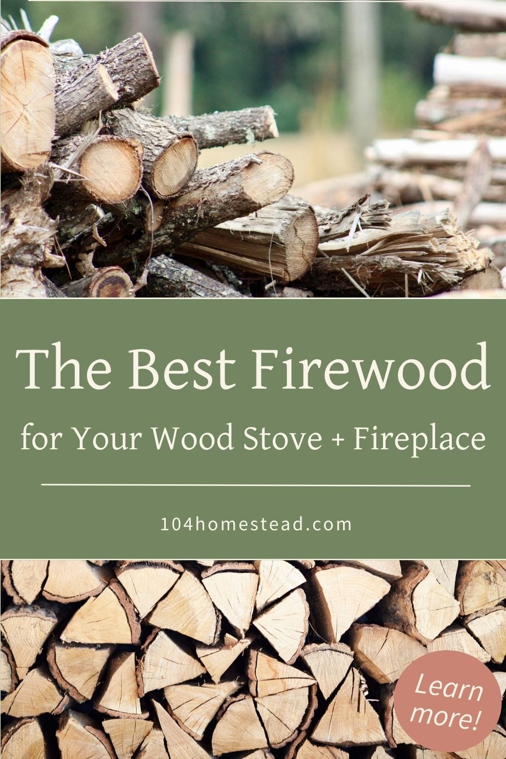Stacked firewood logs with text overlay reading “The Best Firewood for Your Wood Stove + Fireplace” from 104homestead.com