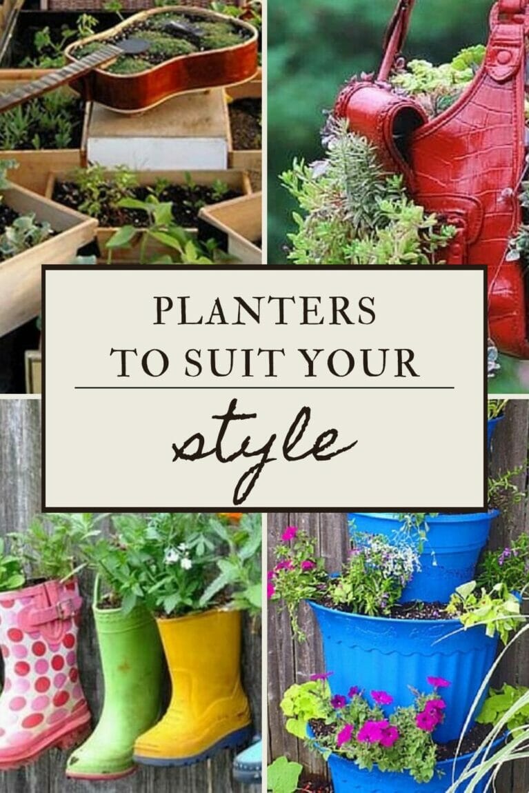 A pinterest-friendly graphic promoting fun planters for container gardening.