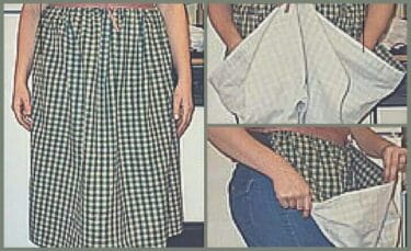Collage showing front view of DIY harvest apron and how it gathers into a pocket for hands-free produce gathering.