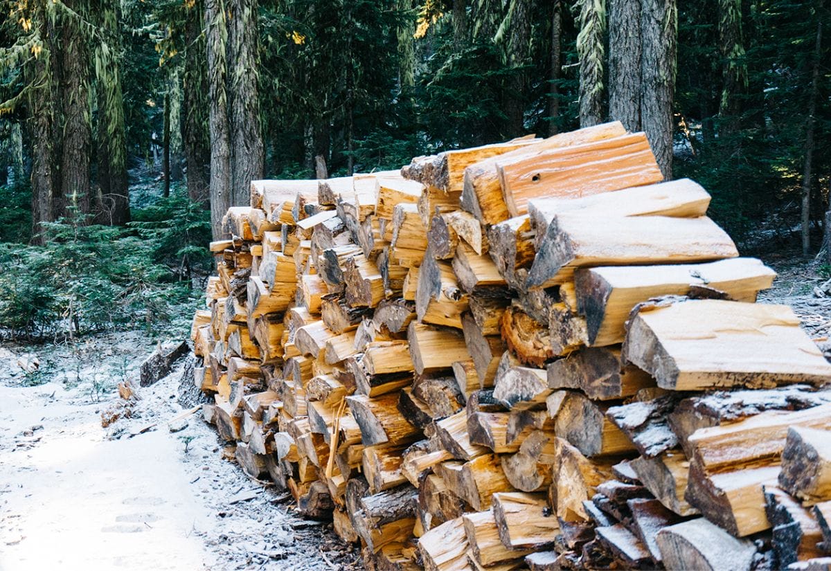 A neatly stacked pile of split pine firewood covered in light snow, set against a serene forest backdrop.