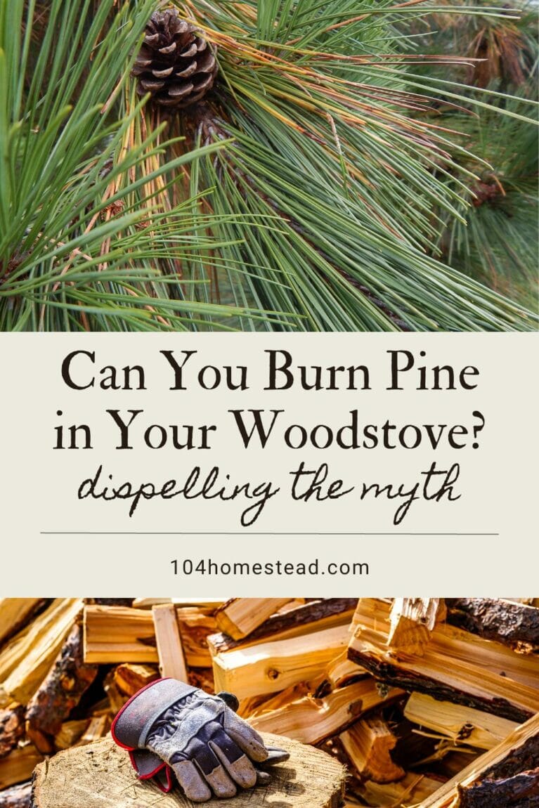 A pinterest-friendly graphic about burning pine in the woodstove.