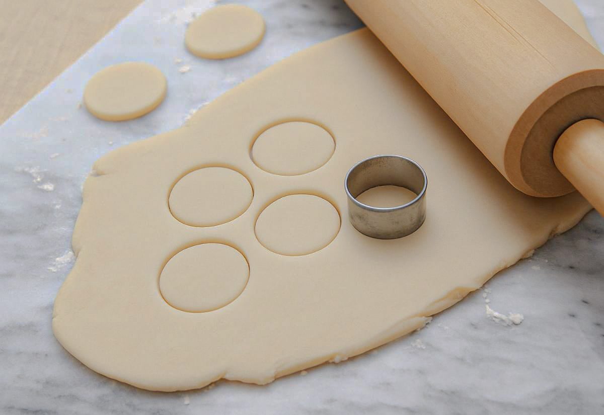 Pie dough rolled thin on a marble surface with a round cookie cutter and several small dough circles cut out for lining muffin tins.