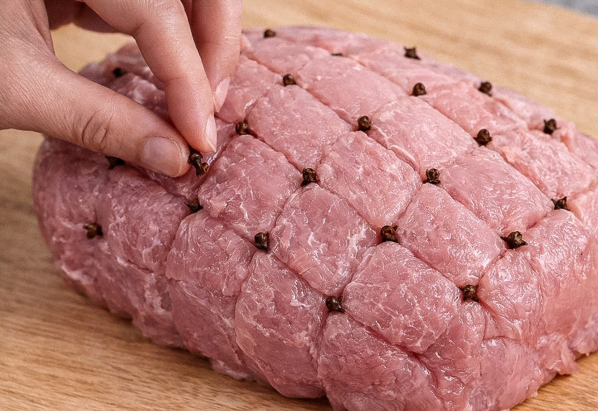 Raw bone-in ham scored and studded with whole cloves on a wooden cutting board.