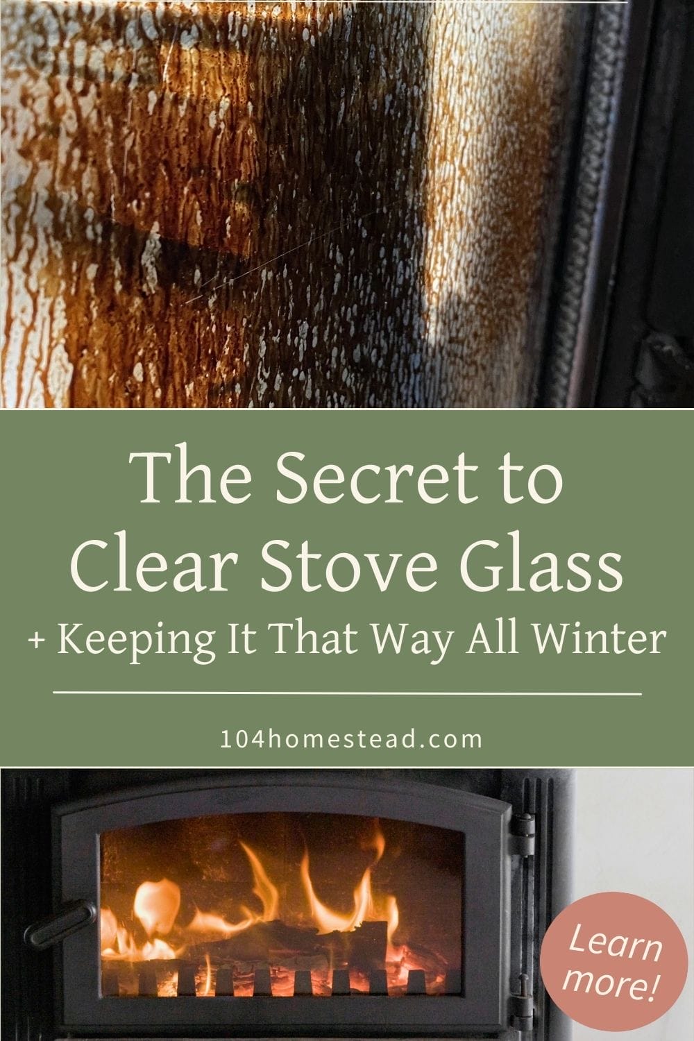 Close-up of blackened stove glass transitioning to clean glass, revealing the glowing fire behind it.