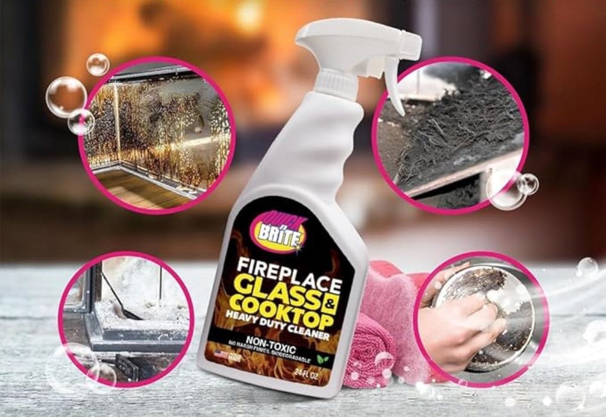 A bottle of Quick N Brite Fireplace Glass Cleaner surrounded by images of clean glass and the product in use.