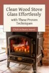 A wood stove in a cozy brick room with clear glass, radiating warmth and cleanliness.