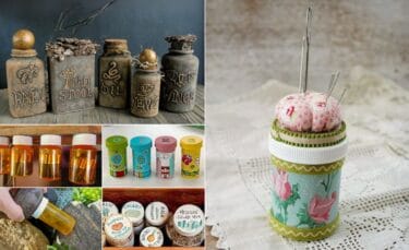 A collage of creative pill bottle crafts, including Halloween potion bottles, a decorated pincushion sewing kit, painted storage containers, a hide-a-key disguised with a rock, labeled seed storage jars, and pill bottles mounted for battery storage.