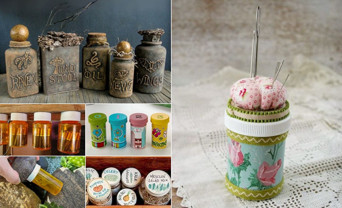 A collage of creative pill bottle crafts, including Halloween potion bottles, a decorated pincushion sewing kit, painted storage containers, a hide-a-key disguised with a rock, labeled seed storage jars, and pill bottles mounted for battery storage.