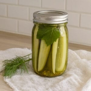 A quart jar of homemade pickles with dill and a grape leaf, set against a warm kitchen background with green and cream text overlay.