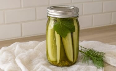 Close-up of a quart jar filled with dill pickle spears, resting on a soft white cheesecloth with a fresh dill sprig beside it. Natural kitchen light shows off the brine and grape leaf inside the jar.