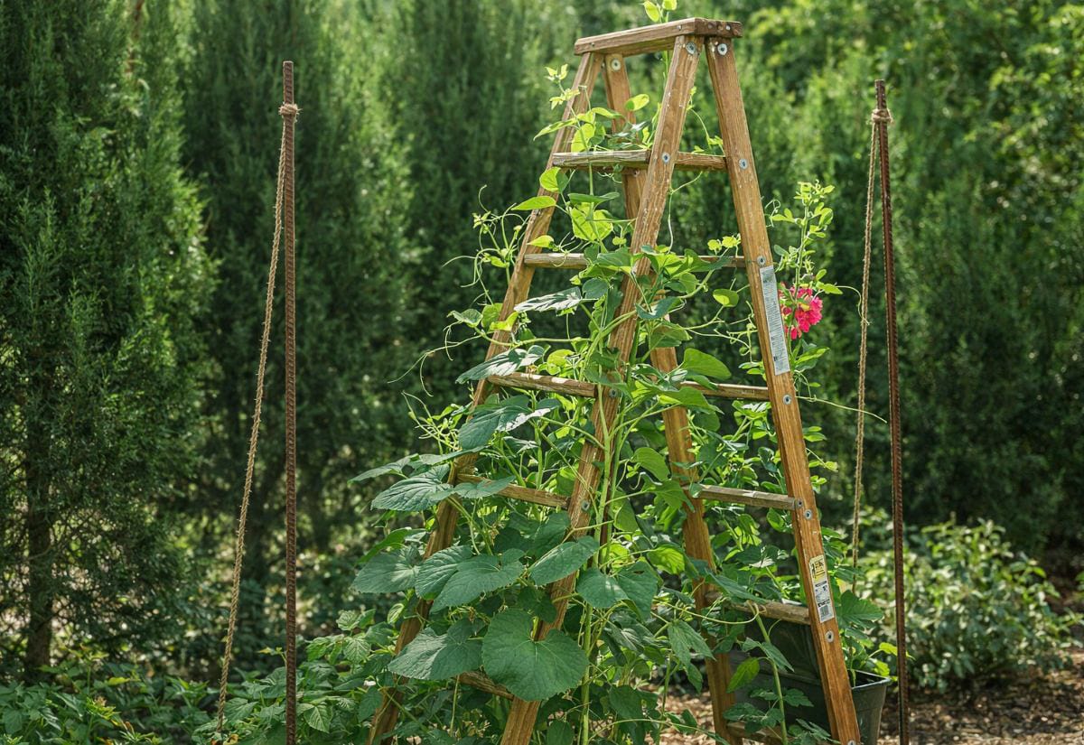 Old wooden step ladder repurposed as a DIY garden trellis, covered in climbing cucumber or pea vines and supported by stakes in a landscaped backyard.