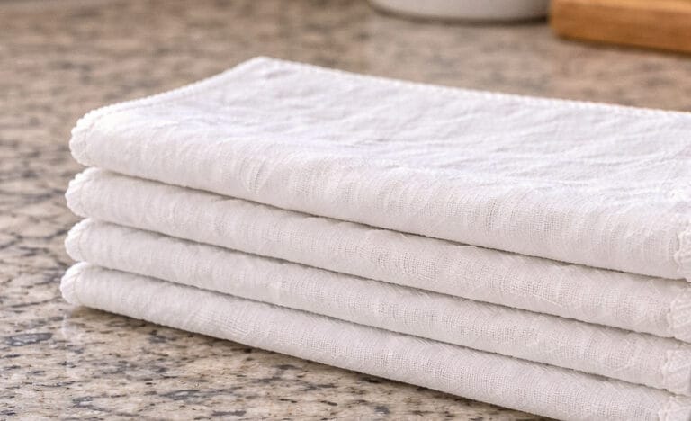Stack of thin white unpaper towels made from flour sack cloth, folded in half and stacked neatly on a kitchen counter, showing the lightweight texture and soft, slightly wrinkled fabric.