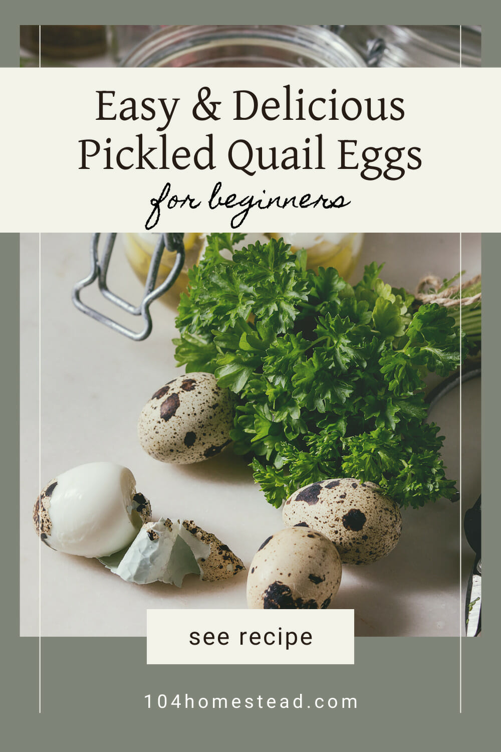 A pinterest-friendly graphic for my pickled quail egg recipe.
