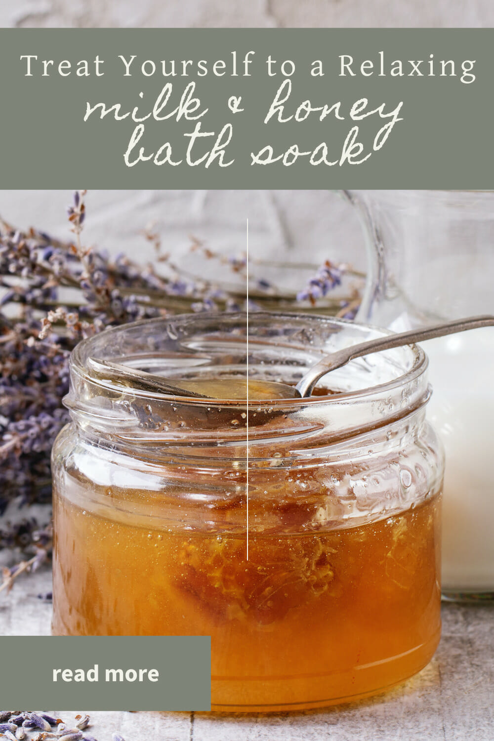 A pinterest-friendly graphic for my milk and honey bath soak recipe.