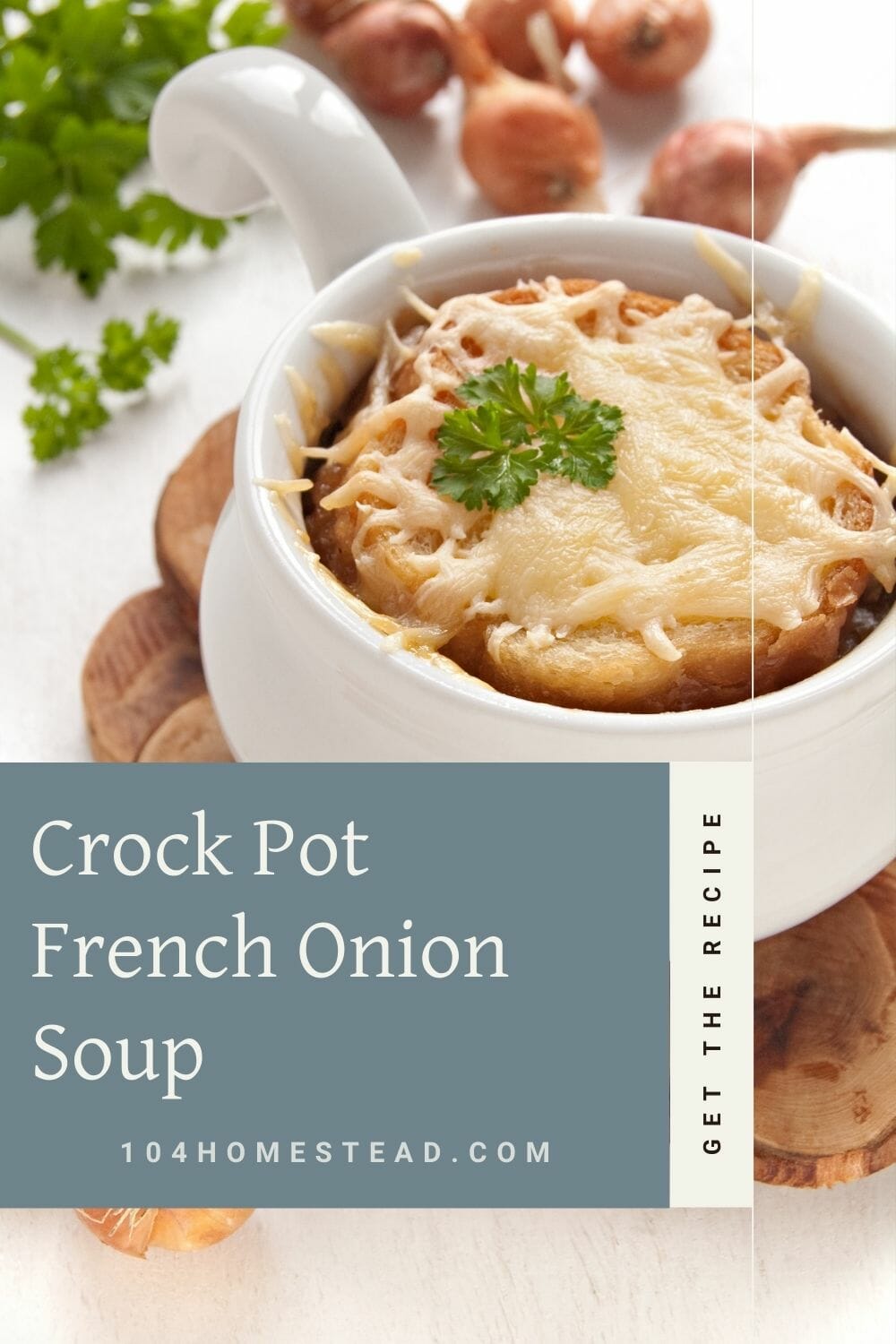 A pinterest-friendly graphic for my crock pot French Onion Soup recipe.