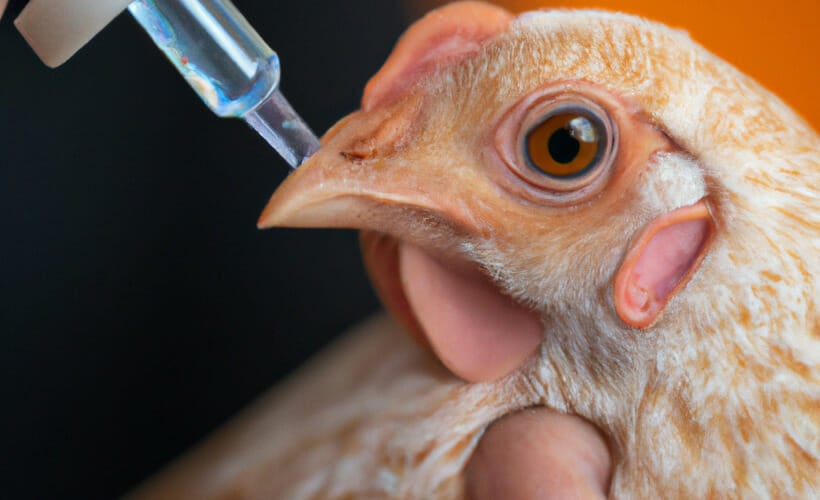 A sick chicken being fed homemade electrolytes in a syringe.