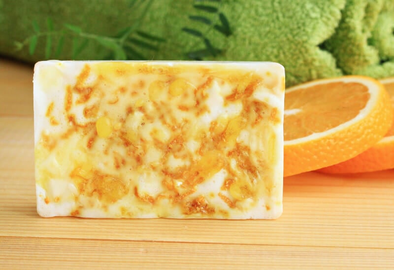 A bar of my honey and orange melt and pour soap.