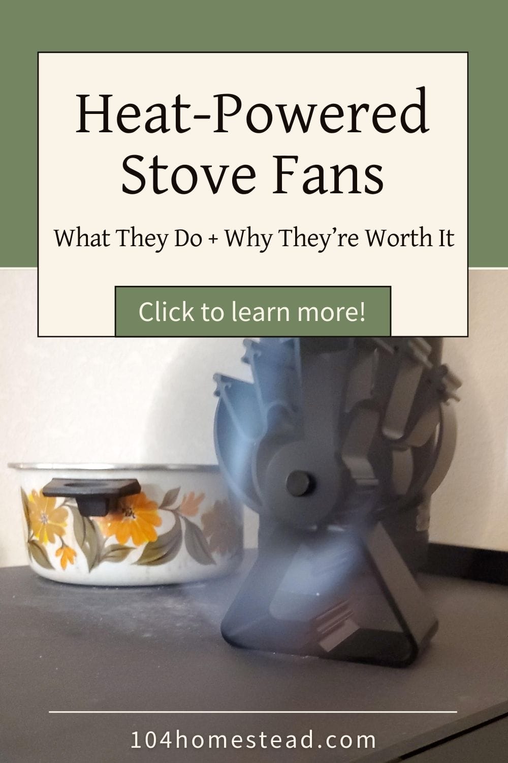 Heat-powered stove fan spinning on top of a wood stove with a stovetop thermometer nearby, showing how the fan circulates warm air as the stove heats up.