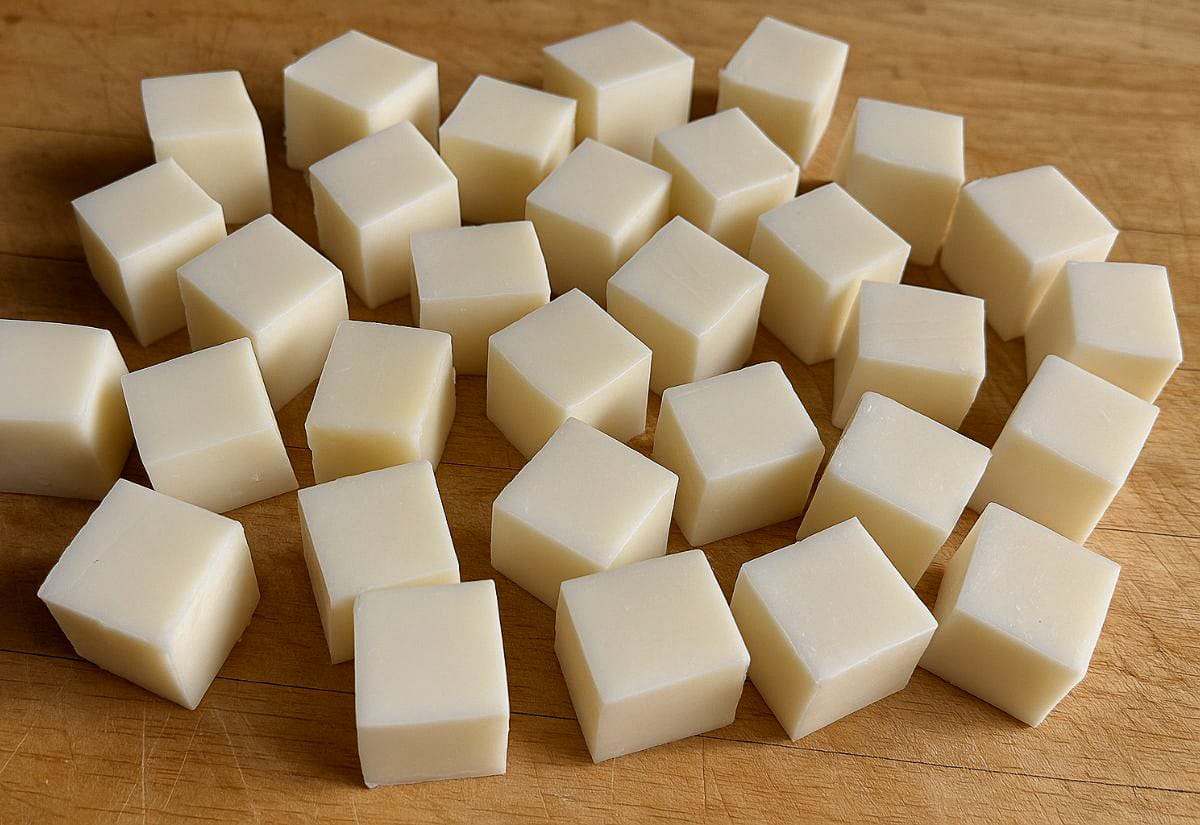 Small 1-inch cubes of ivory melt-and-pour soap base scattered across a wooden cutting board.