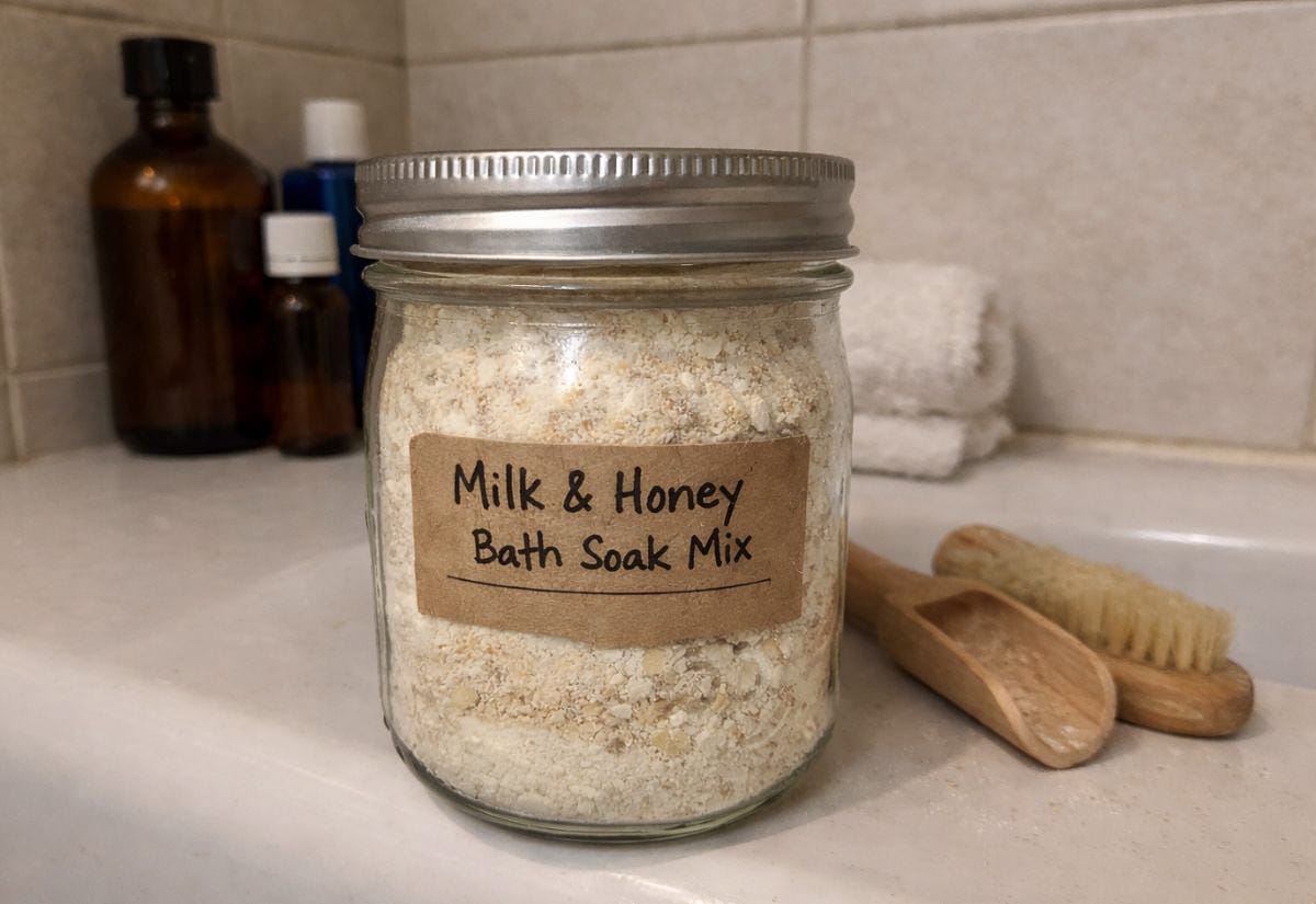 Glass mason jar filled with a pale oat-colored milk and honey bath soak mix, labeled “Milk & Honey Bath Soak Mix,” sitting on a tiled bathroom counter with amber glass bottles and a wooden bath brush in the background.
