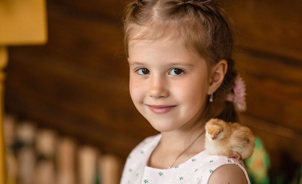 A little girl with a chicken chick on her shoulder.