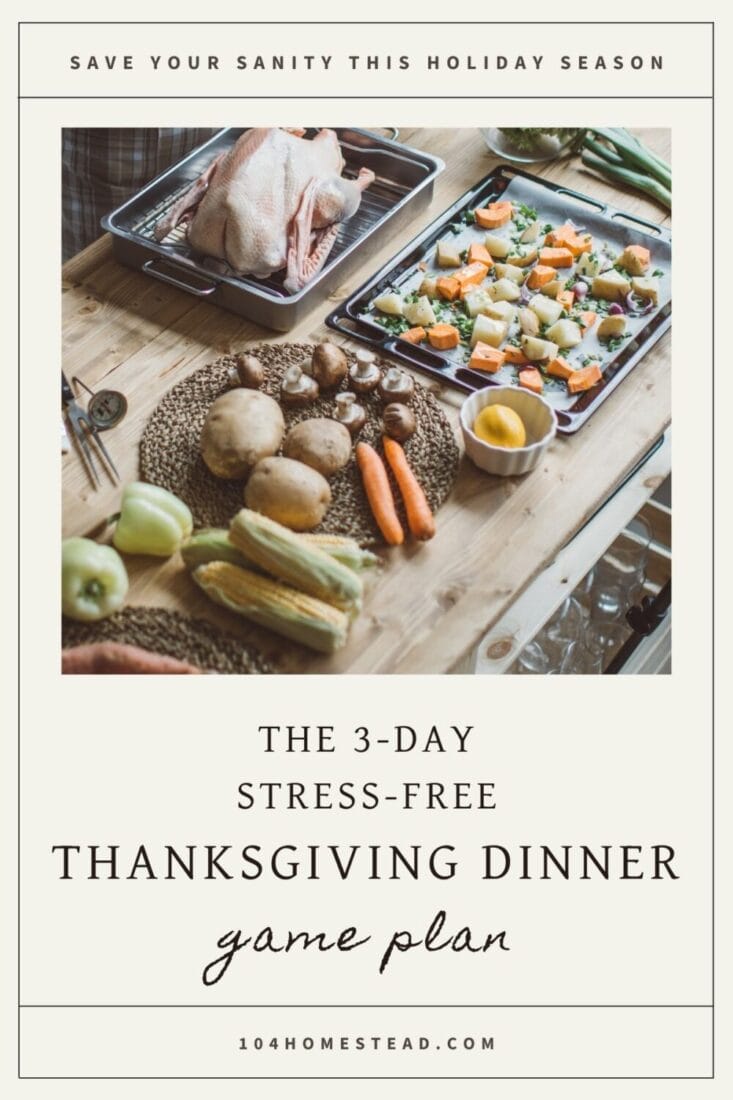 A Pinterest-friendly graphic for my stress-free Thanksgiving dinner preparation plan with free printable checklist.