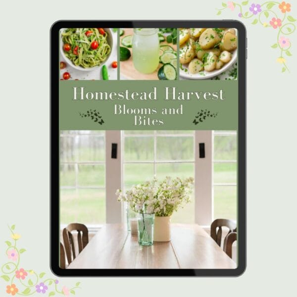 My Blooms and Bites cookbook cover displayed in an ereader with flowers around it.