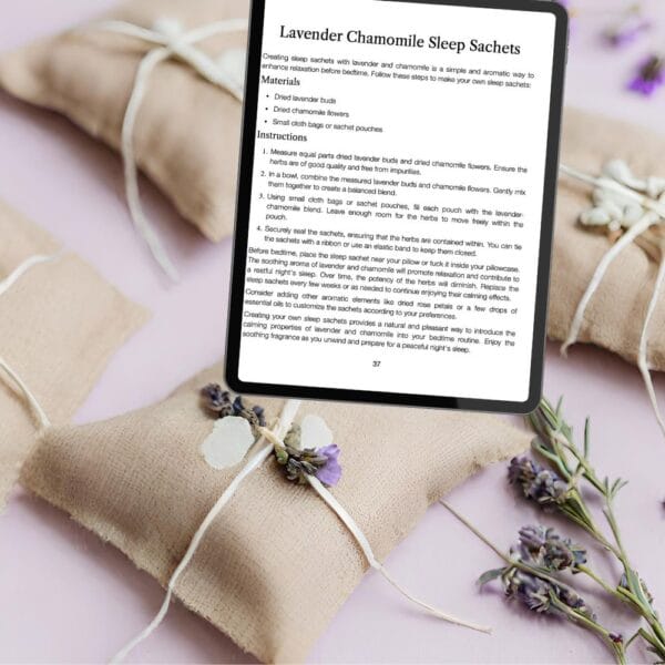 The lavender sachet recipe displayed on a kindle screen with the assembled sachets in the background.