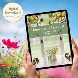 A digital tablet displaying the cover of Homestead Harvest: Blooms and Bites, featuring vibrant spring-inspired dishes. The background shows a bright, flower-filled field with a soft blue sky, evoking the fresh and lively spirit of spring. A circular label highlights "Digital Download – Instant Access."