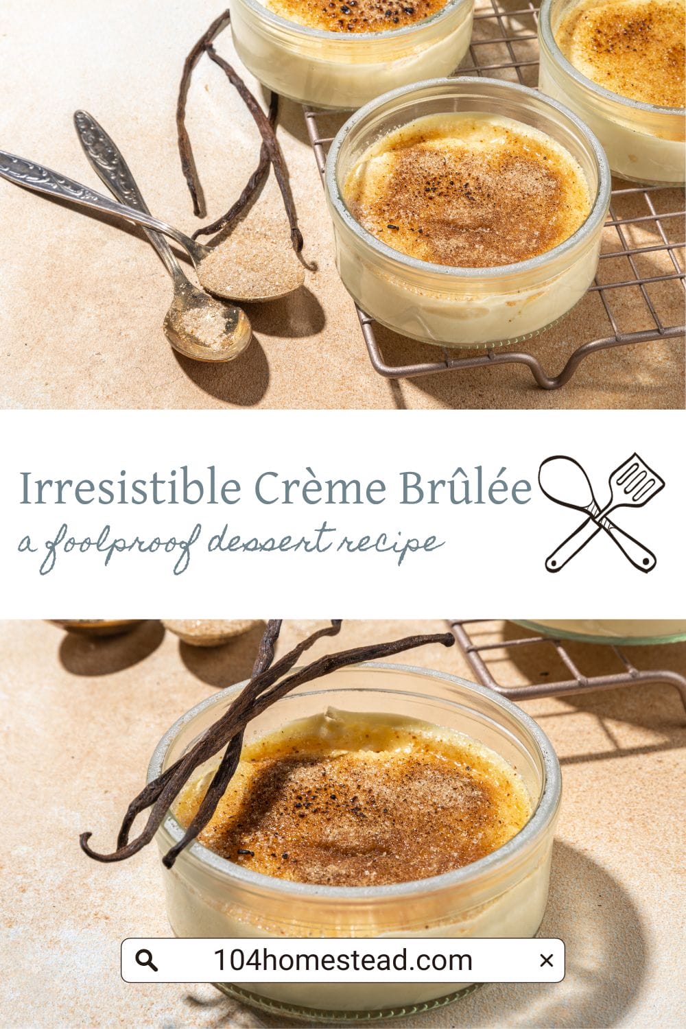 A Pinterest-friendly graphic for my easy creme brulee dessert recipe.