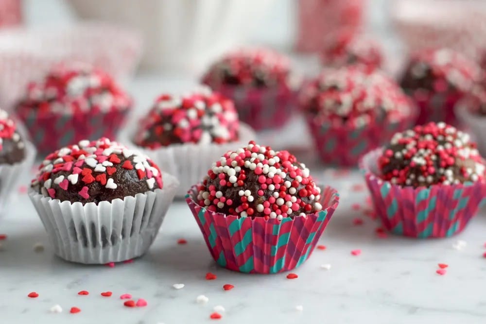 Homemade truffles with pink, white, and red heart-shaped sprinkles.