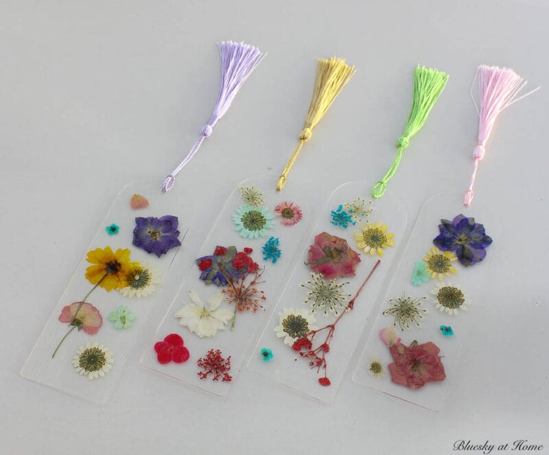 Homemade bookmarks made with pressed flowers from the garden.