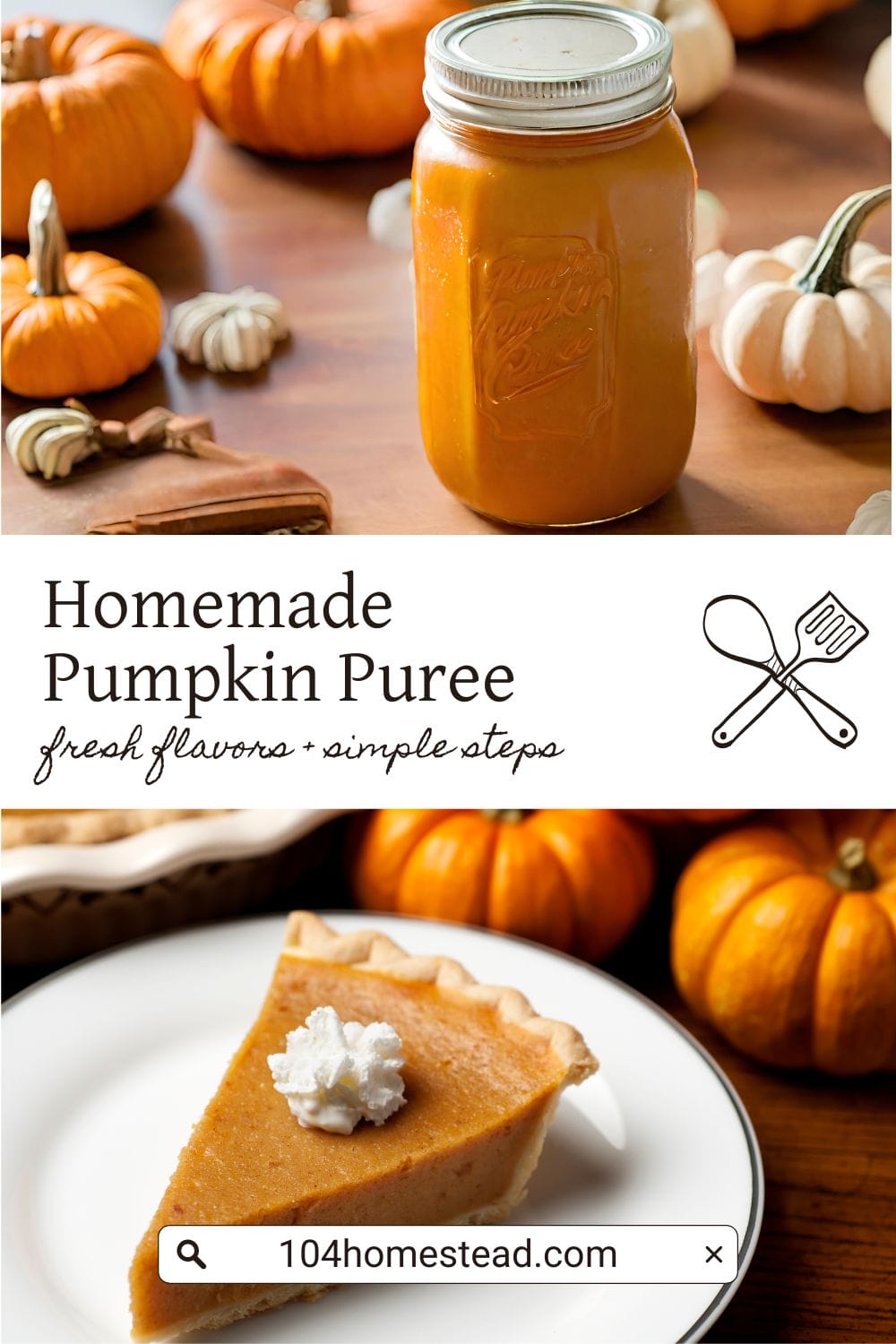 A pinterest-friendly graphic for my homemade pumpkin puree recipe.