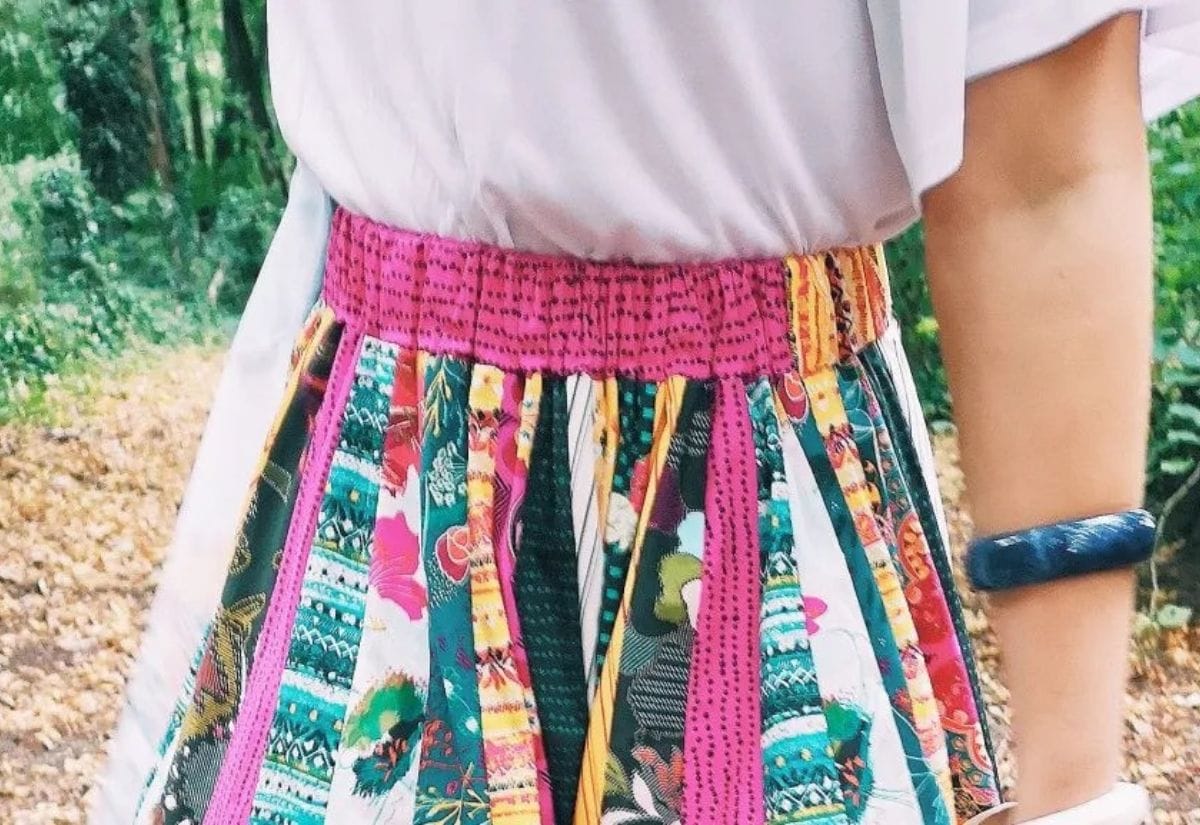 A boho maxi skirt made out of old sheets.