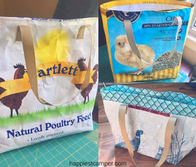Three feed sack totes made from chicken and chick feed bags.