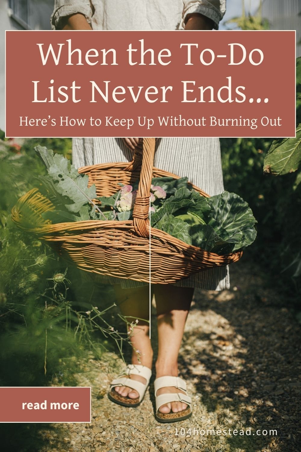 A woman in a sundress carrying a large basket of leafy vegetables harvested from her garden.